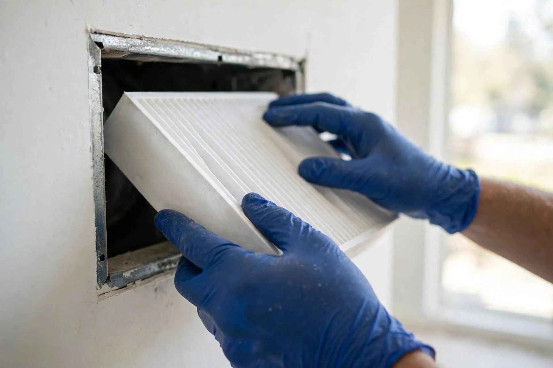 Technician replacing an HVAC air filter