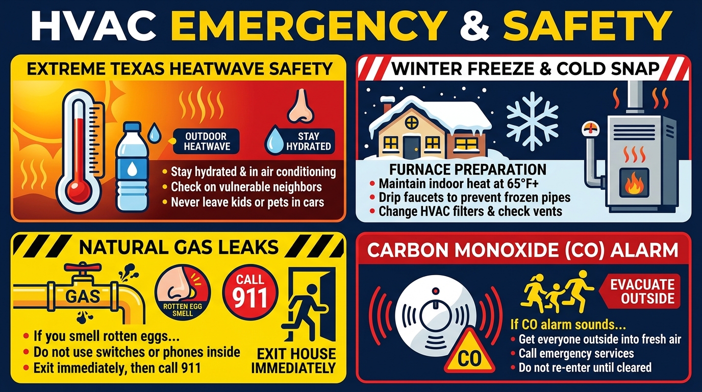 Four panels. Heatwave: stay hydrated and in air conditioning, check on vulnerable neighbors, never leave kids or pets in cars. Winter freeze: keep indoor heat at 65 degrees or above, drip faucets to protect pipes, change filters and check vents. Gas leak: if you smell rotten eggs, do not use switches or phones inside; exit immediately, then call 911. Carbon monoxide alarm: get everyone outside into fresh air, call emergency services, do not re-enter until cleared.