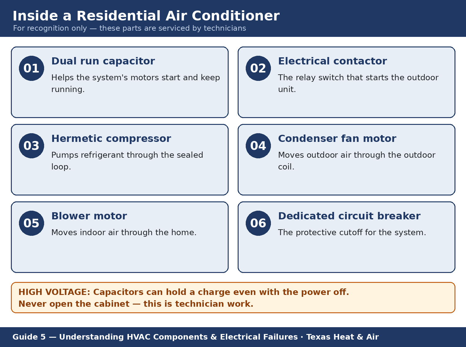 Blueprint-style diagram of a residential AC system naming the dual run capacitor, electrical contactor (relay switch), hermetic scroll compressor, condenser fan motor, blower motor, and dedicated HVAC circuit breaker, with a high-voltage warning: disconnect power before servicing. These parts are serviced by technicians only.
