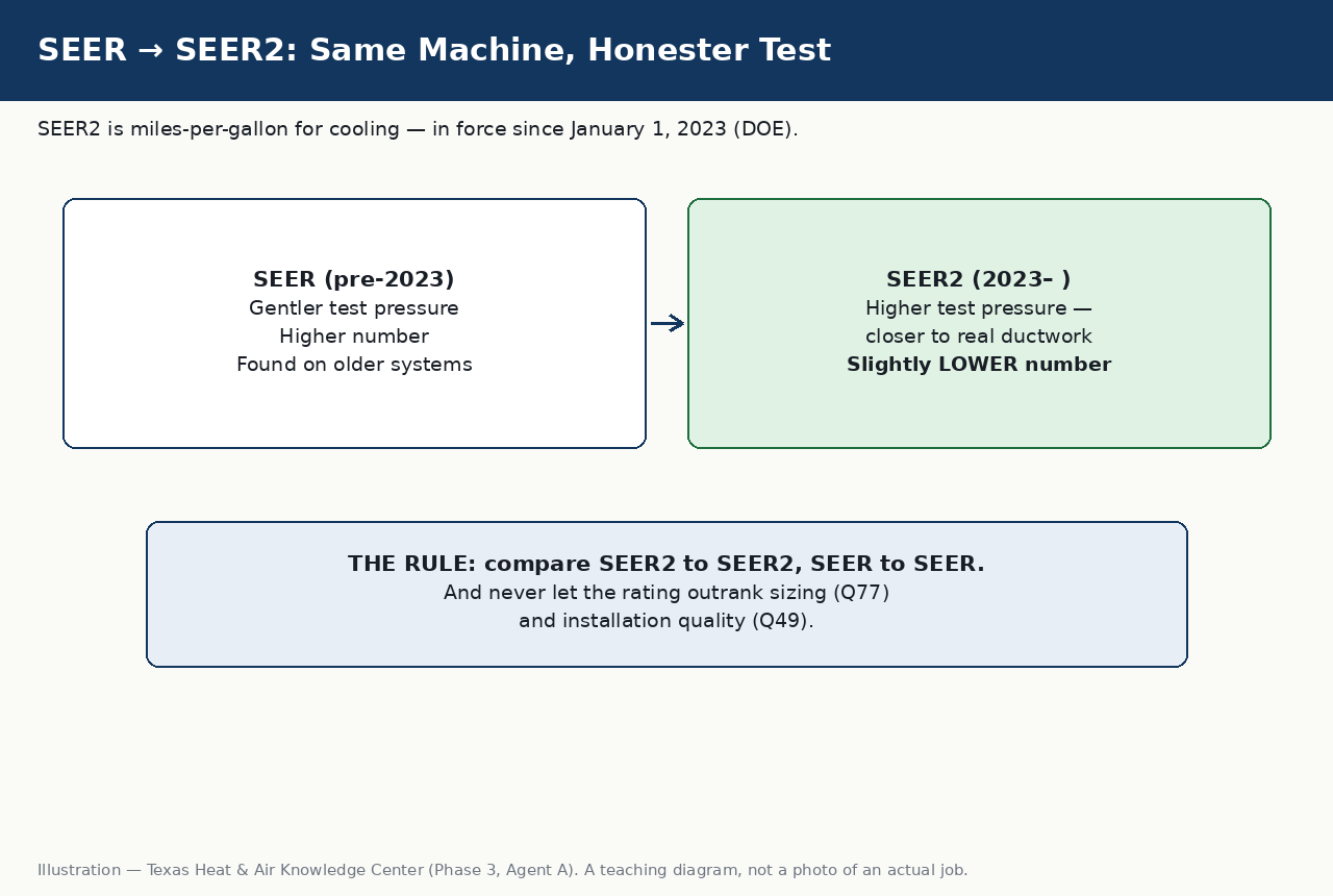 Card titled 'SEER → SEER2: Same Machine, Honester Test.' Left panel, 'SEER (pre-2023)': gentler test pressure, higher number, found on older systems. Right panel, 'SEER2 (2023 and after)': higher test pressure, closer to real ductwork, slightly lower number. Footer: 'SEER2 is miles-per-gallon for cooling — in force since January 1, 2023 (DOE). The rule: compare SEER2 to SEER2, SEER to SEER.'