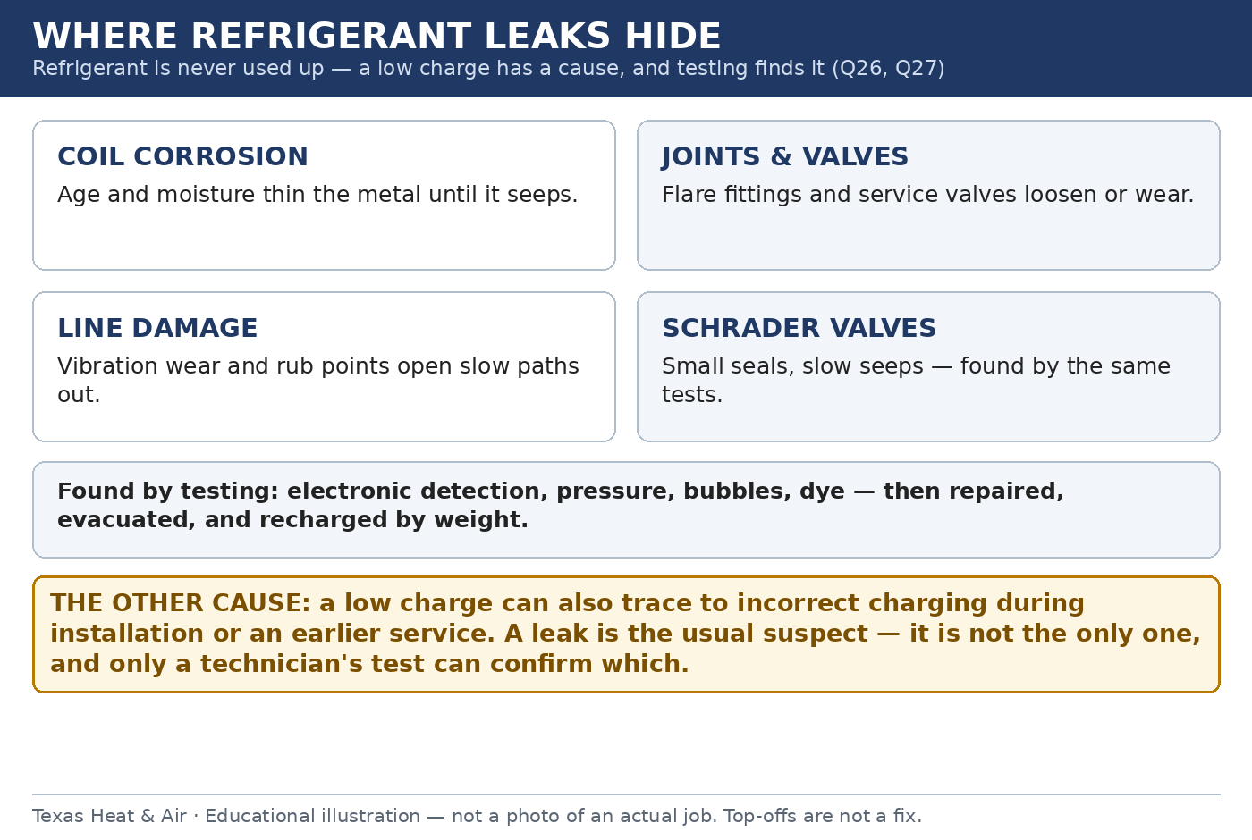 Four places refrigerant leaks hide: coil corrosion, joints and valves, line damage, and Schrader valves. Leaks are found by testing — electronic detection, pressure, bubbles, dye — then repaired and recharged by weight. A low charge can also trace to incorrect charging during installation or earlier service; only testing confirms the cause.