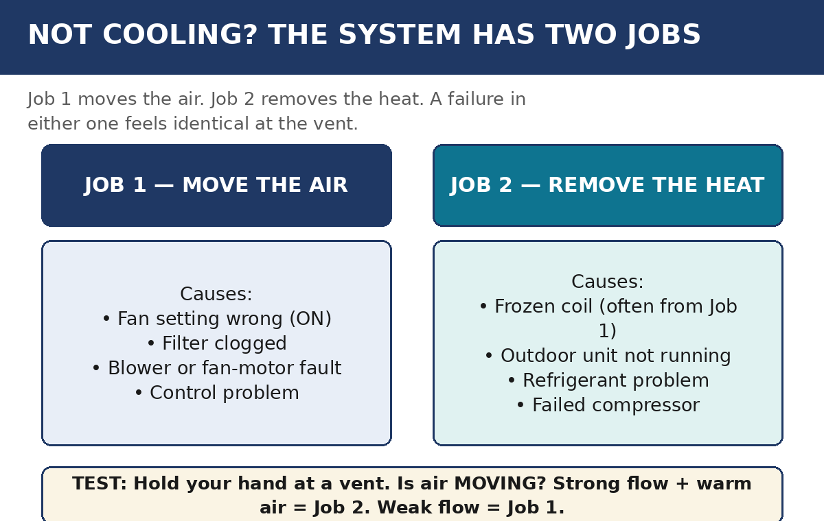 Diagram mapping the air conditioner's two jobs — moving air and moving heat — to five common failure families: a dirty filter, blocked airflow, a frozen indoor coil, an outdoor unit problem, and low refrigerant.