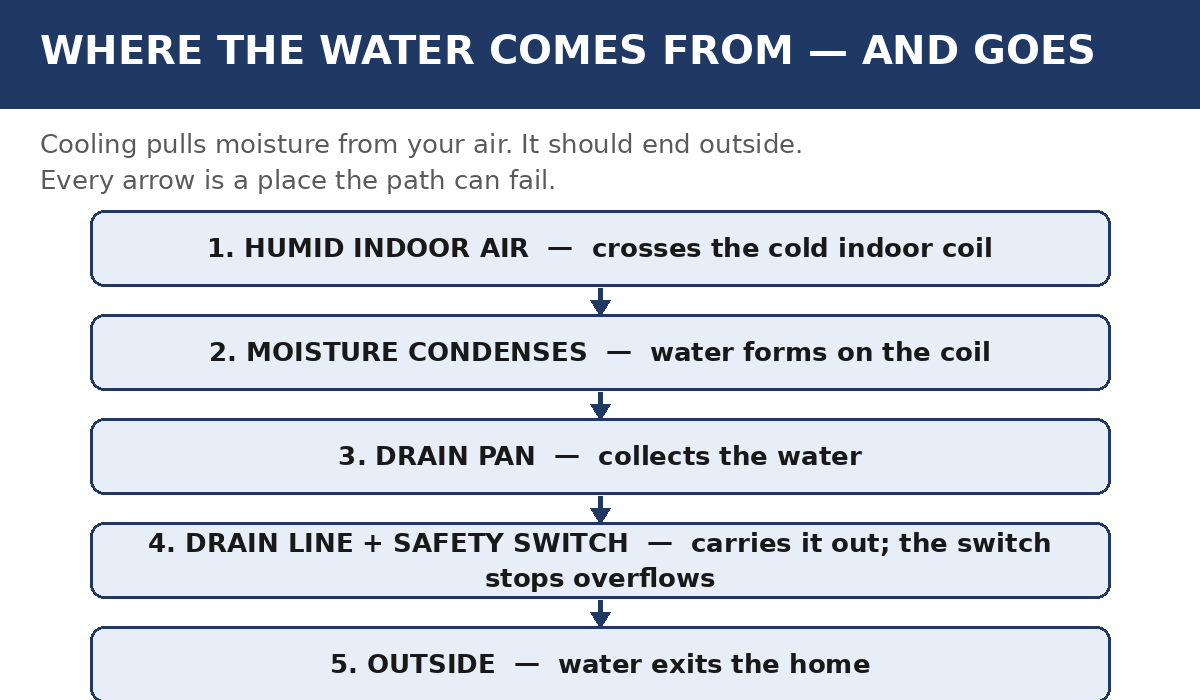 Diagram of condensate forming on the indoor coil, collecting in a drain pan, and flowing out a drain line, with the float safety switch and common leak points labeled.