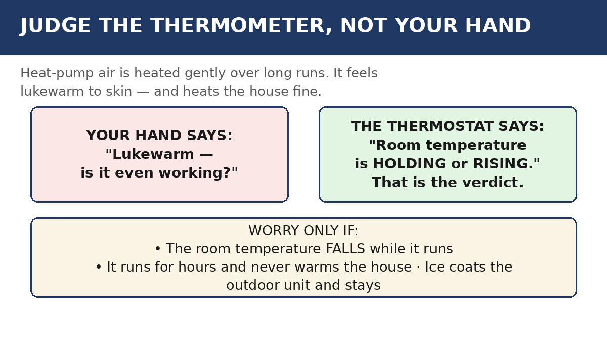 Card titled 'Judge the thermometer, not your hand.' Subtitle: 'Heat-pump air is heated gently over long runs. It feels lukewarm to skin — and heats the house fine.' Two boxes: 'Your hand says: Lukewarm — is it even working?' and 'The thermostat says: Room temperature is holding or rising. That is the verdict.' Footer, 'Worry only if': the room temperature falls while it runs; it runs for hours and never warms the house; ice coats the outdoor unit and stays.