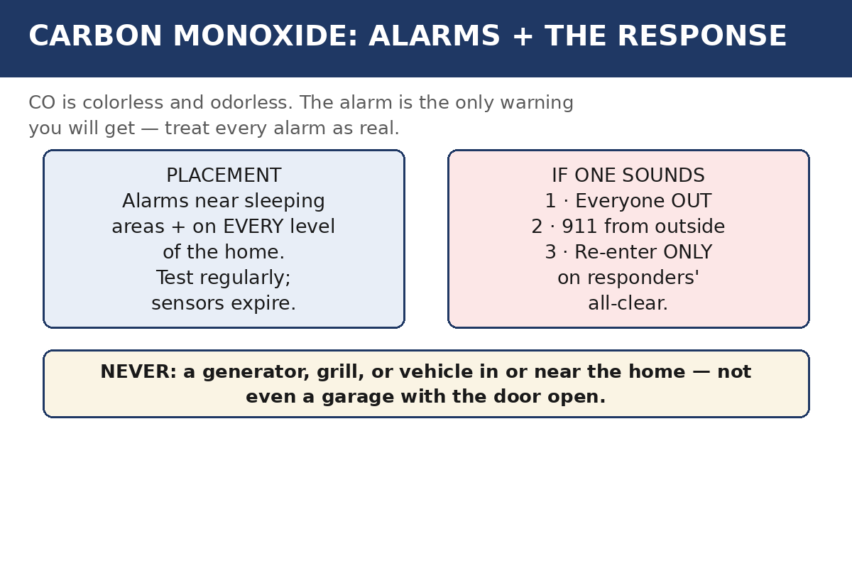 Diagram of a home showing carbon monoxide alarms placed near bedrooms and on each level, with the response sequence beside it: get everyone outside, call 911 from outside, and wait for responders to clear the home.