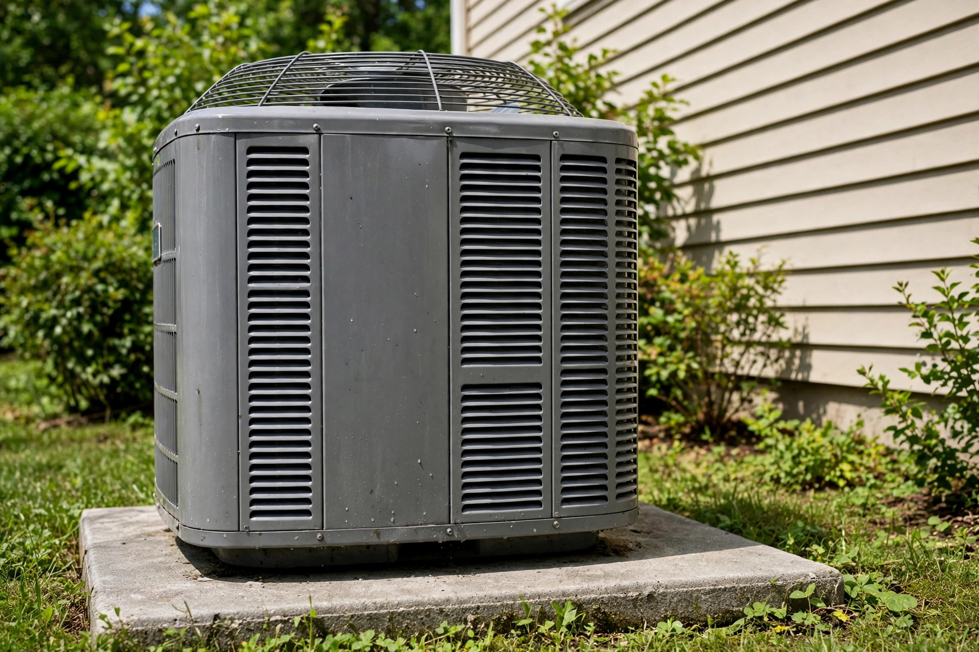 Photograph-style illustrative image of an outdoor air-conditioning condenser unit