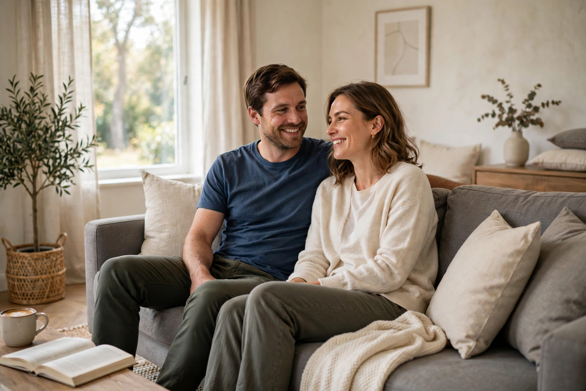 Photograph-style illustrative image of a couple relaxing in a living room; not Texas Heat and Air customers