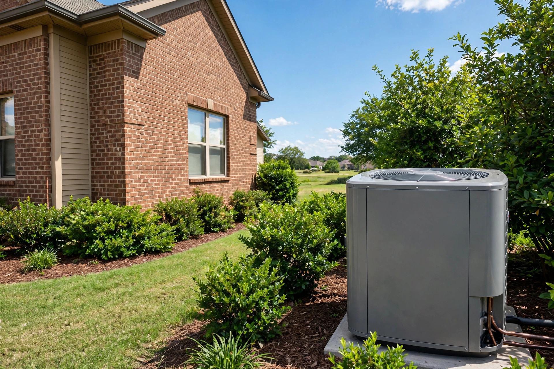 Photograph-style illustrative image of a home with an outdoor air-conditioning unit