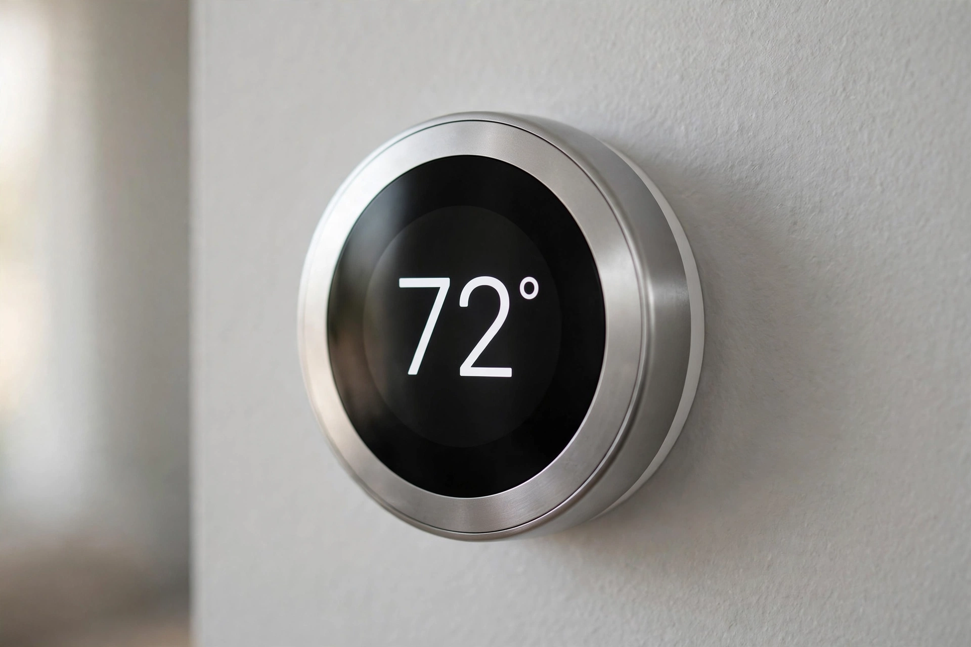 Photograph-style illustrative image of a round smart thermostat showing 72 degrees